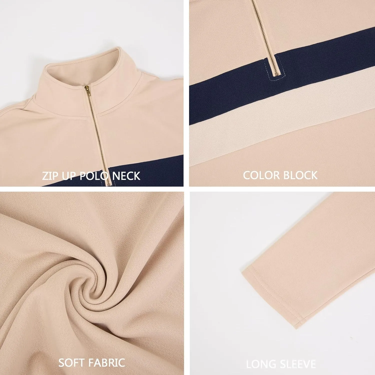Aulemen Men's Quarter Zip Up Polo Shirt Long Sleeve Golf Shirt Casual Contrast Striped T-Shirt Mock Neck Zipper Pullover