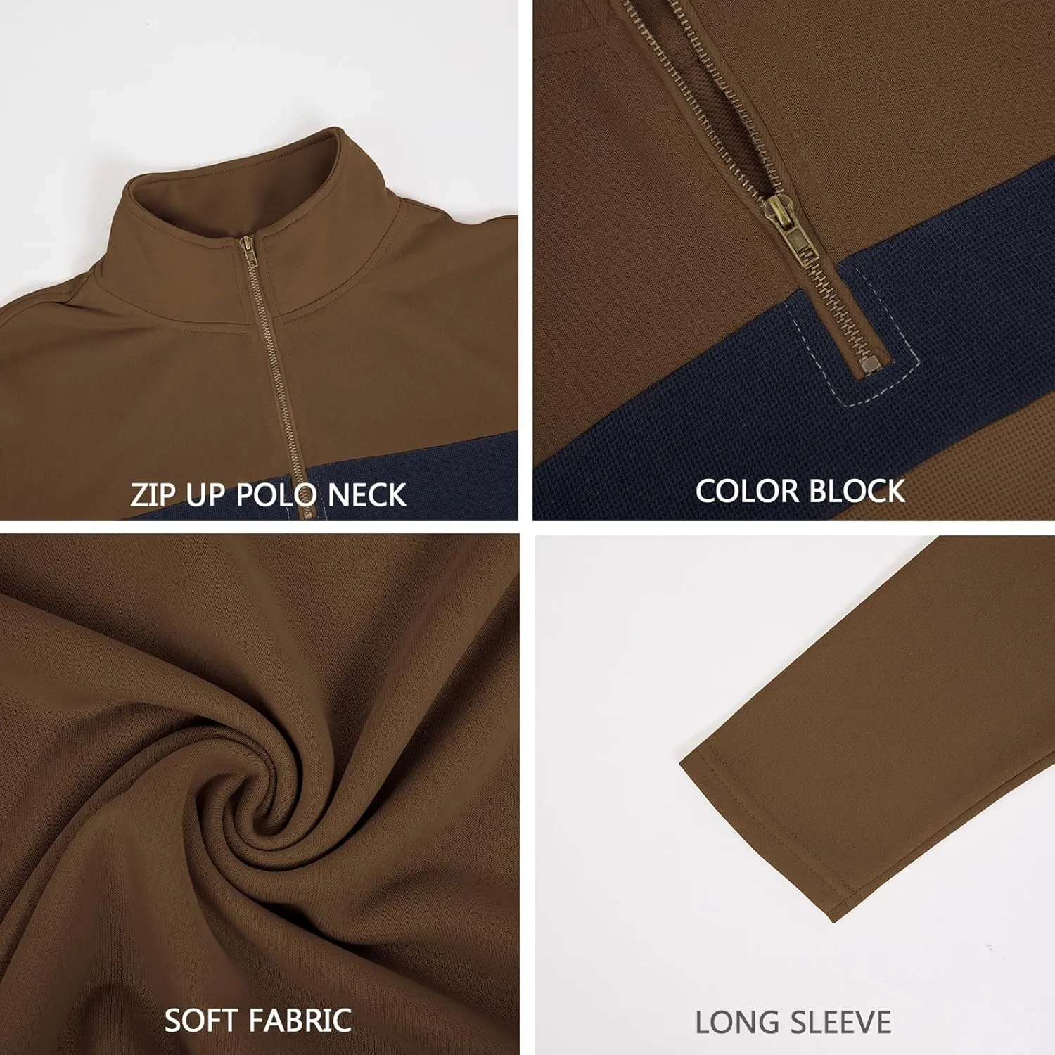 Aulemen Men's Quarter Zip Up Polo Shirt Long Sleeve Golf Shirt Casual Contrast Striped T-Shirt Mock Neck Zipper Pullover