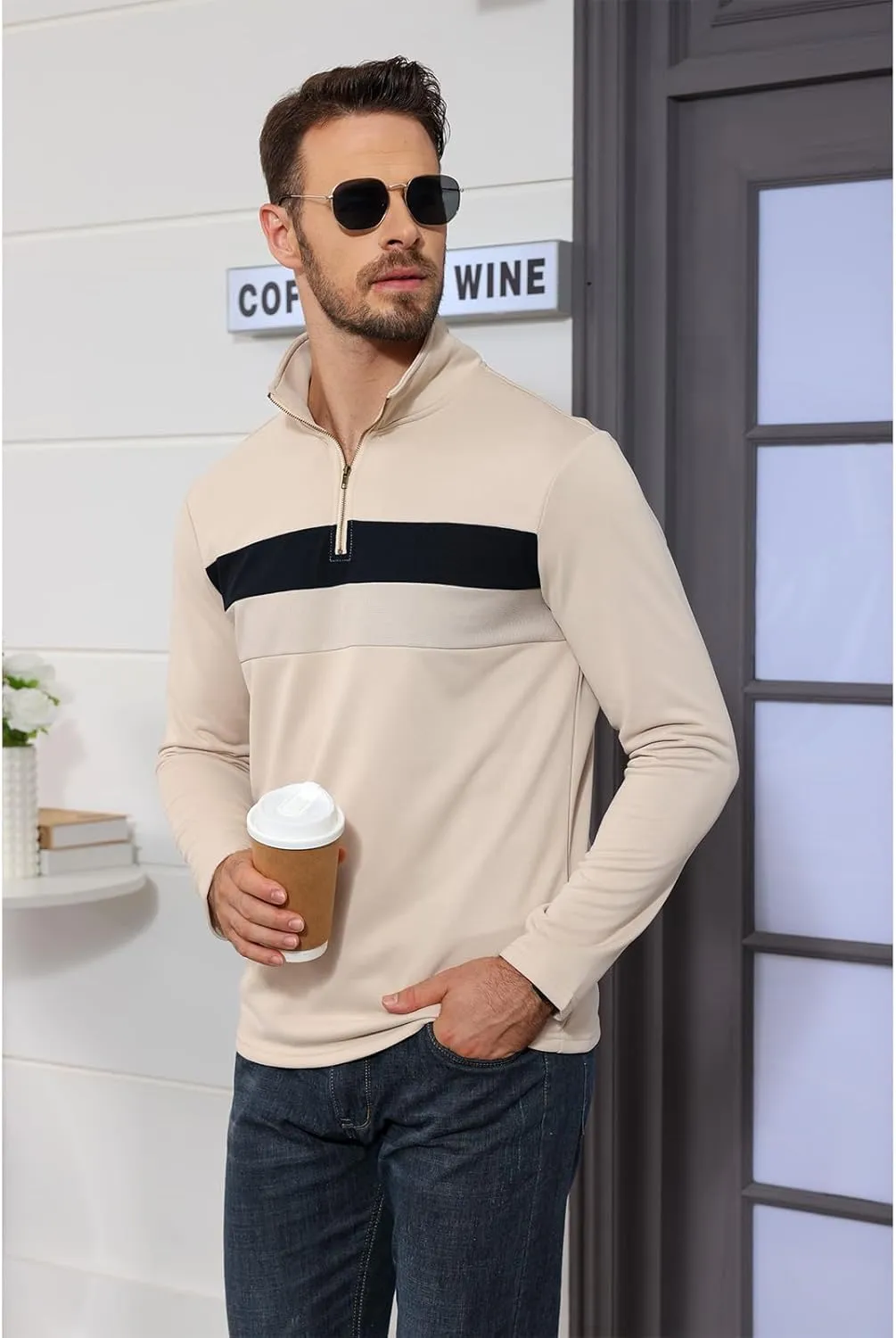 Aulemen Men's Quarter Zip Up Polo Shirt Long Sleeve Golf Shirt Casual Contrast Striped T-Shirt Mock Neck Zipper Pullover