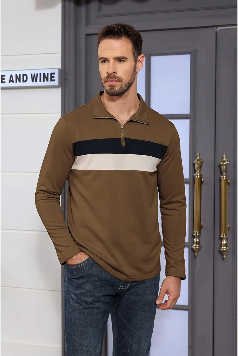 Aulemen Men's Quarter Zip Up Polo Shirt Long Sleeve Golf Shirt Casual Contrast Striped T-Shirt Mock Neck Zipper Pullover