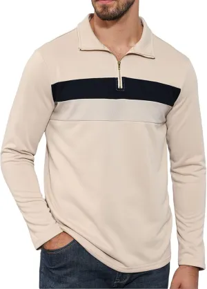 Aulemen Men's Quarter Zip Up Polo Shirt Long Sleeve Golf Shirt Casual Contrast Striped T-Shirt Mock Neck Zipper Pullover
