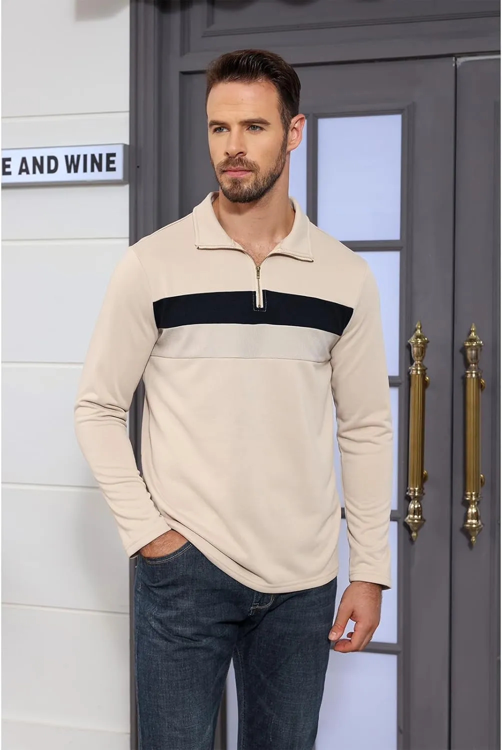 Aulemen Men's Quarter Zip Up Polo Shirt Long Sleeve Golf Shirt Casual Contrast Striped T-Shirt Mock Neck Zipper Pullover