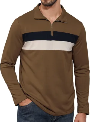 Aulemen Men's Quarter Zip Up Polo Shirt Long Sleeve Golf Shirt Casual Contrast Striped T-Shirt Mock Neck Zipper Pullover