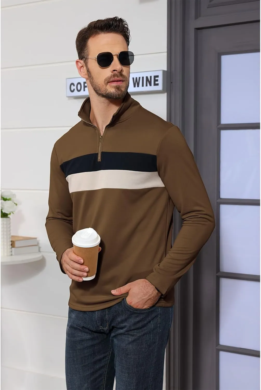 Aulemen Men's Quarter Zip Up Polo Shirt Long Sleeve Golf Shirt Casual Contrast Striped T-Shirt Mock Neck Zipper Pullover