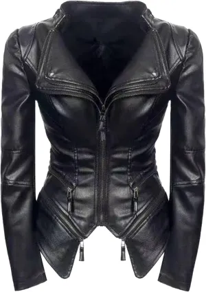 DGHM-JLMY Women Fashion Zipper Punk Cropped Outerwear Faux Belted Motor Jacket Stand Collar Jackets Solid Slim Coats
