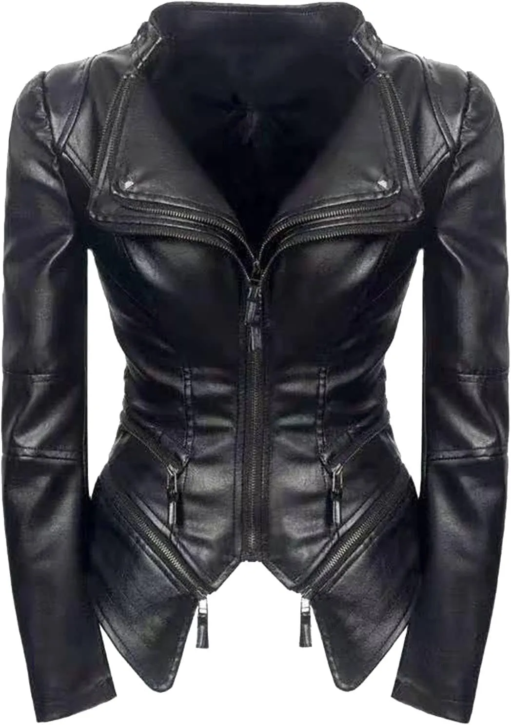 DGHM-JLMY Women Fashion Zipper Punk Cropped Outerwear Faux Belted Motor Jacket Stand Collar Jackets Solid Slim Coats