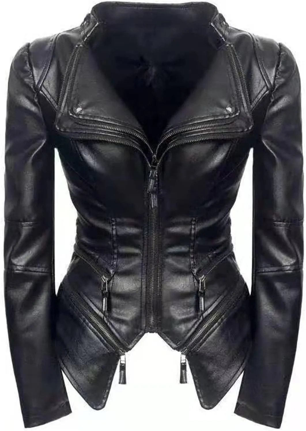 DGHM-JLMY Women Fashion Zipper Punk Cropped Outerwear Faux Belted Motor Jacket Stand Collar Jackets Solid Slim Coats