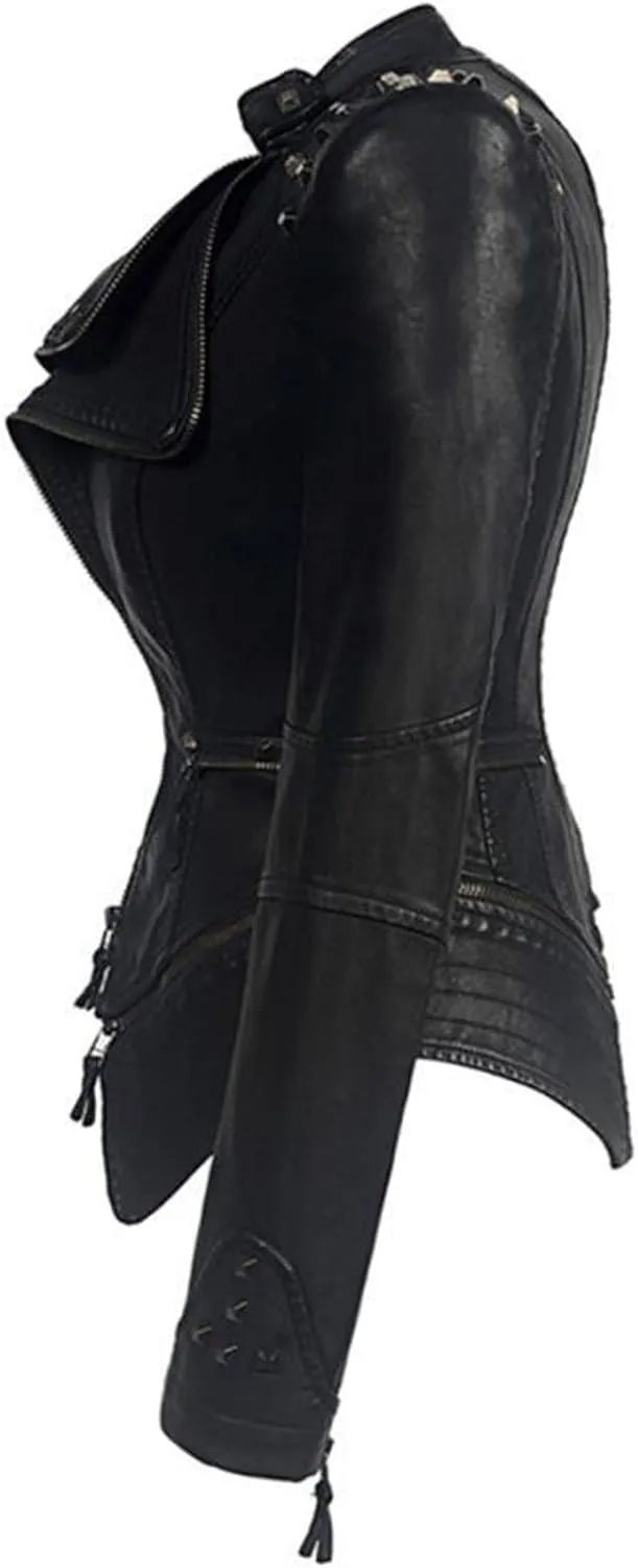 DGHM-JLMY Women Fashion Zipper Punk Cropped Outerwear Faux Belted Motor Jacket Stand Collar Jackets Solid Slim Coats