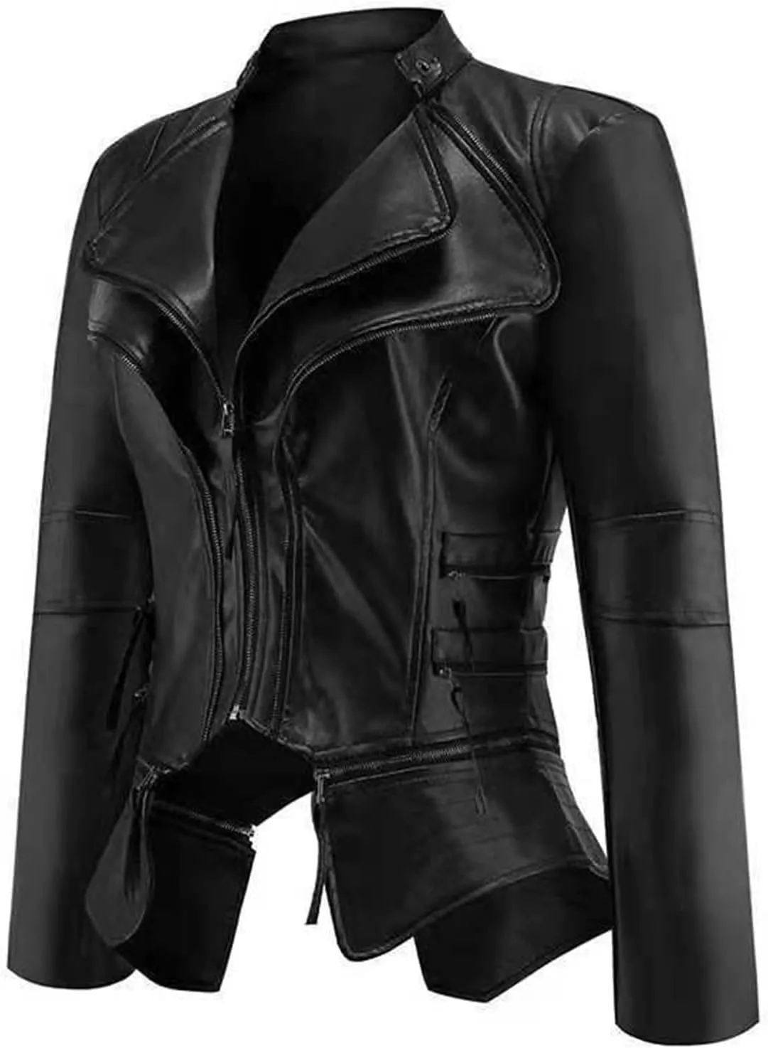 DGHM-JLMY Women Fashion Zipper Punk Cropped Outerwear Faux Belted Motor Jacket Stand Collar Jackets Solid Slim Coats