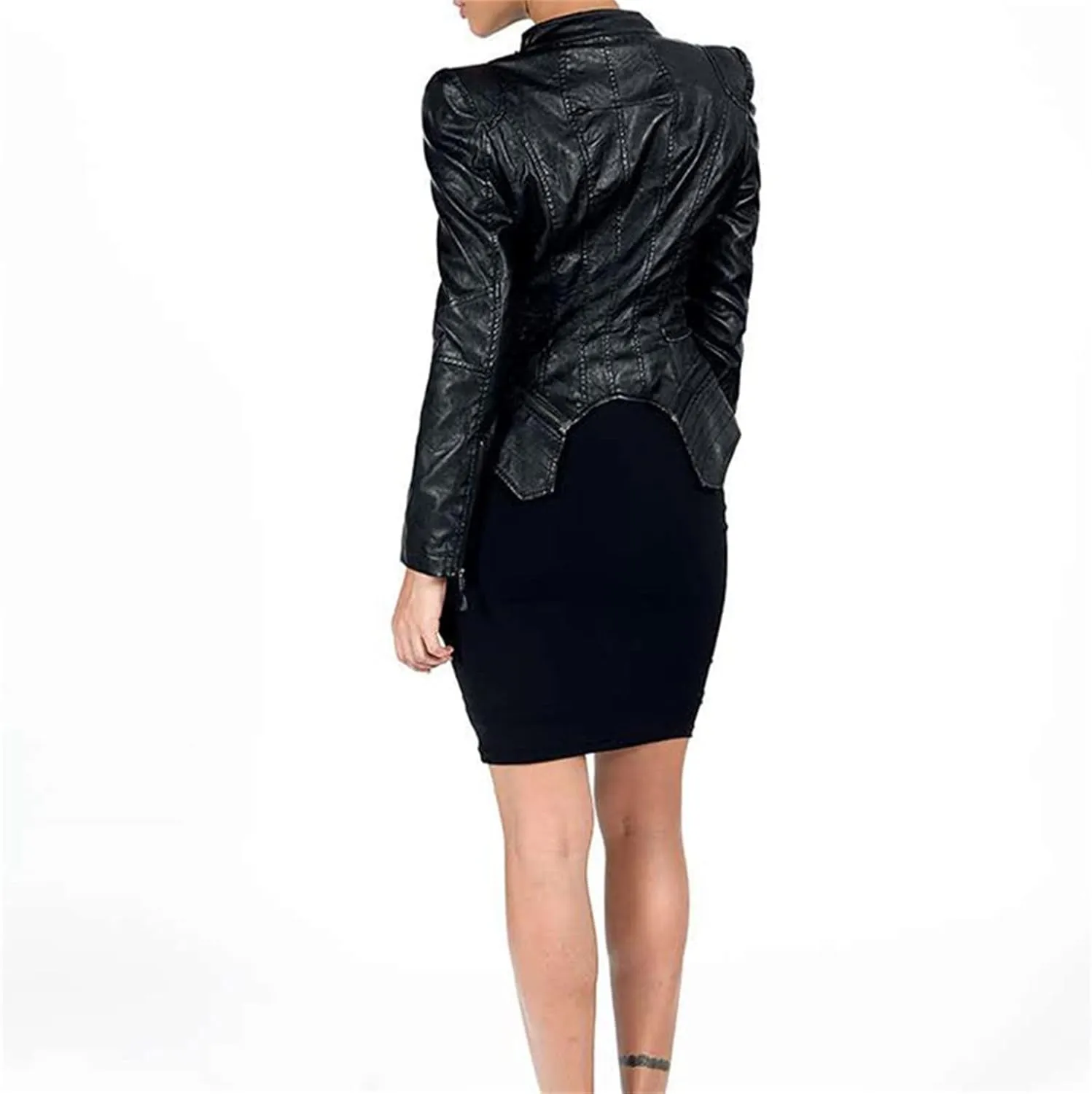 DGHM-JLMY Women Fashion Zipper Punk Cropped Outerwear Faux Belted Motor Jacket Stand Collar Jackets Solid Slim Coats