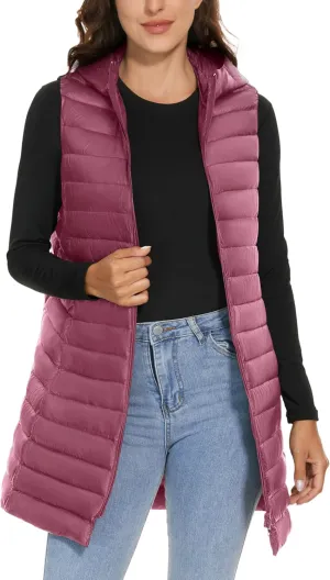 ELFJOY Long Puffer Vest Women Lightweight Down Vest with Hood Winter Warm Womens Vests Outerwear Sleeveless Puffer Jacket