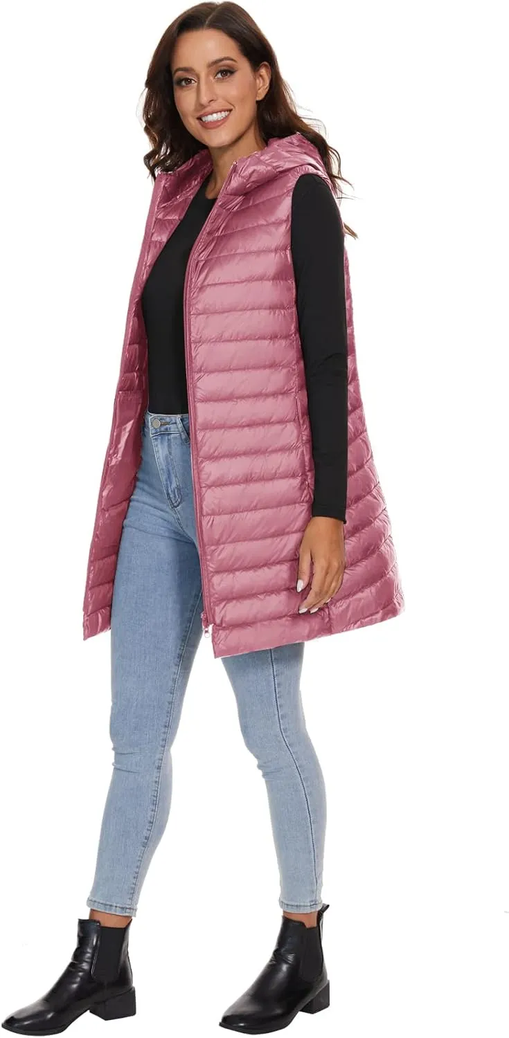 ELFJOY Long Puffer Vest Women Lightweight Down Vest with Hood Winter Warm Womens Vests Outerwear Sleeveless Puffer Jacket
