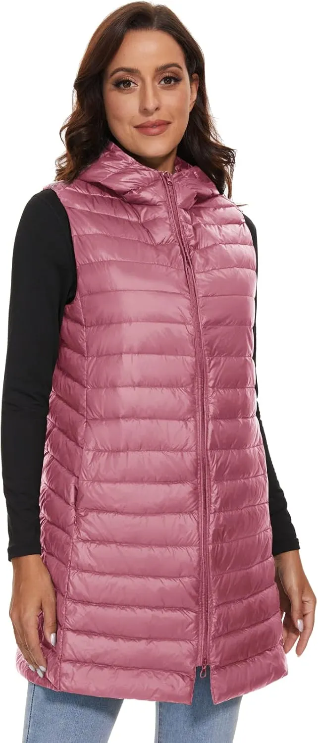ELFJOY Long Puffer Vest Women Lightweight Down Vest with Hood Winter Warm Womens Vests Outerwear Sleeveless Puffer Jacket