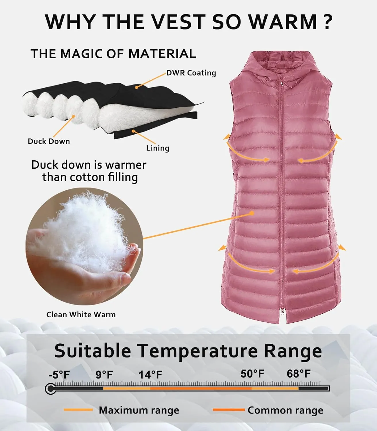 ELFJOY Long Puffer Vest Women Lightweight Down Vest with Hood Winter Warm Womens Vests Outerwear Sleeveless Puffer Jacket