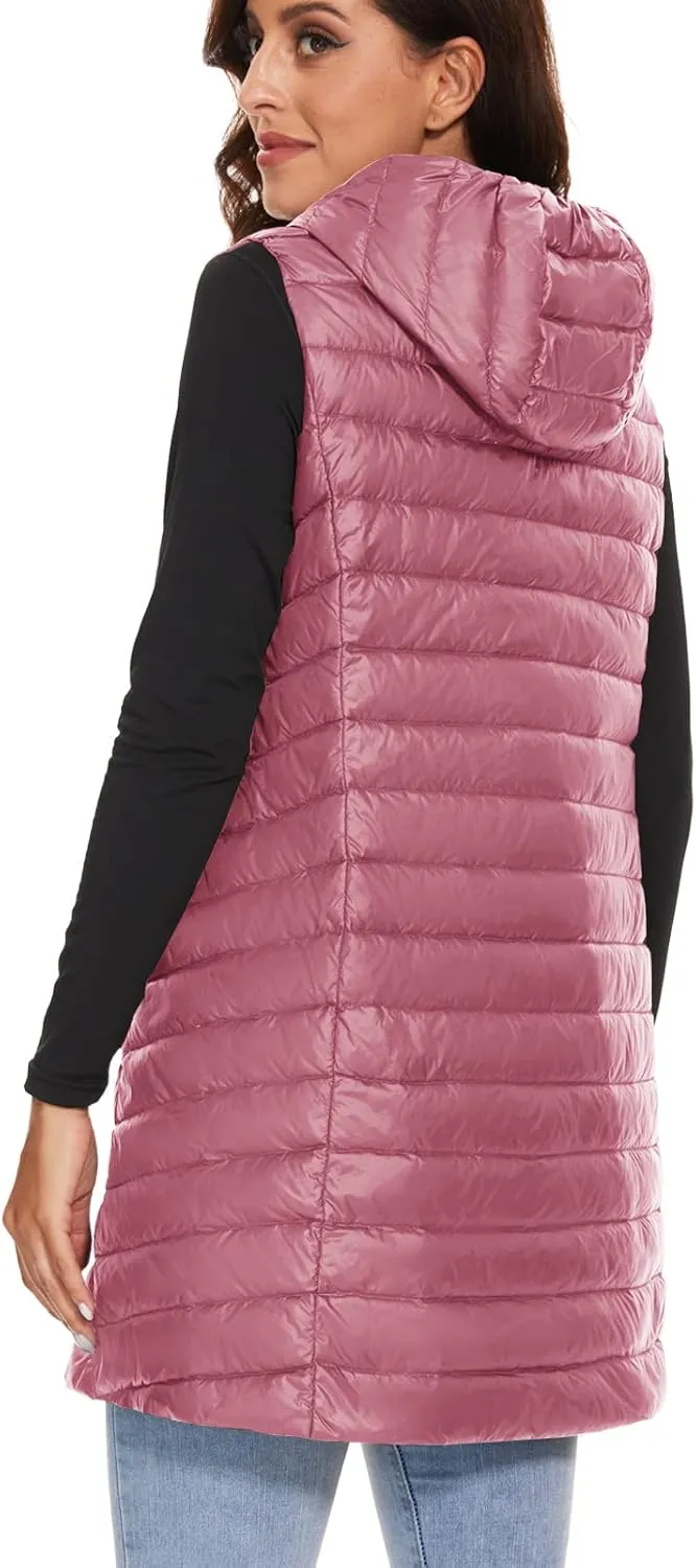 ELFJOY Long Puffer Vest Women Lightweight Down Vest with Hood Winter Warm Womens Vests Outerwear Sleeveless Puffer Jacket
