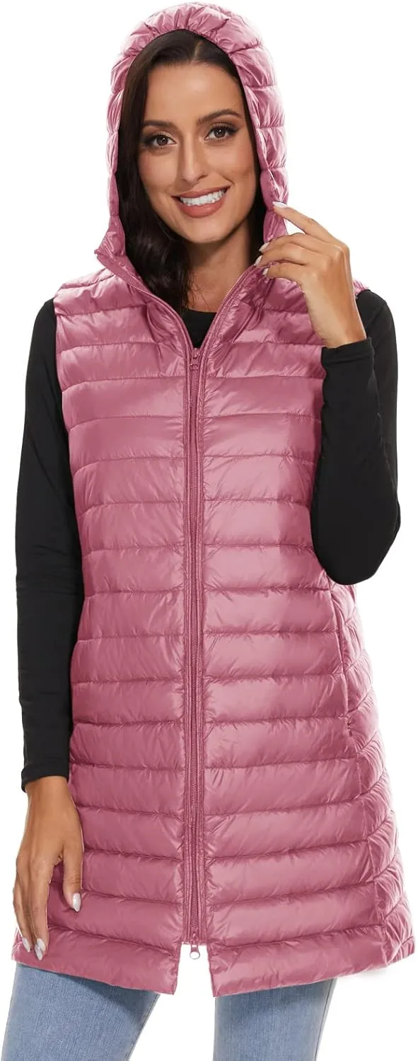 ELFJOY Long Puffer Vest Women Lightweight Down Vest with Hood Winter Warm Womens Vests Outerwear Sleeveless Puffer Jacket