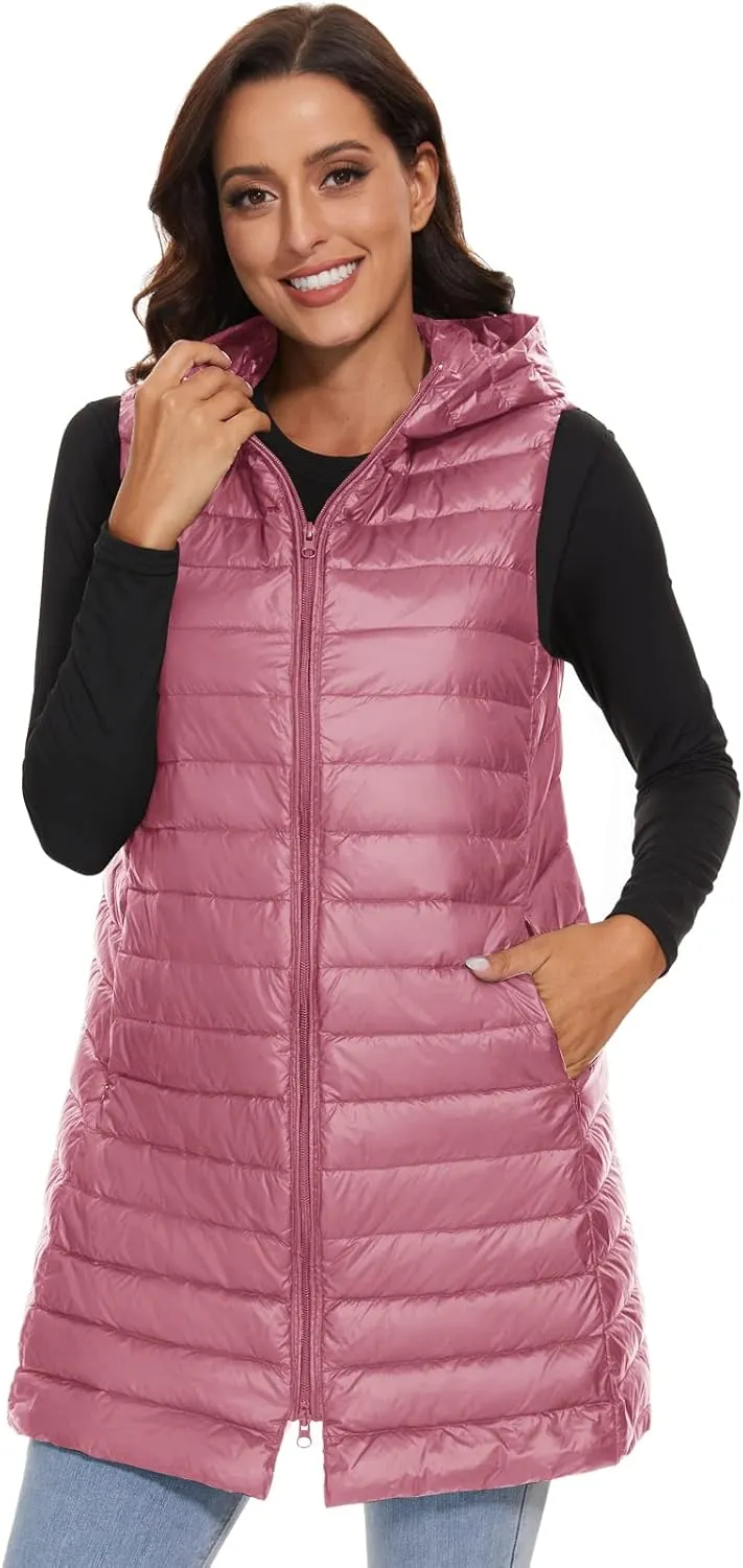 ELFJOY Long Puffer Vest Women Lightweight Down Vest with Hood Winter Warm Womens Vests Outerwear Sleeveless Puffer Jacket