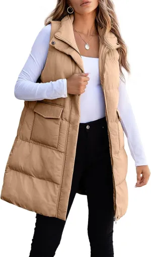 EVALESS Long Puffer Vest Women 2024 Zipper Sleeveless Quilted Vests with Pockets