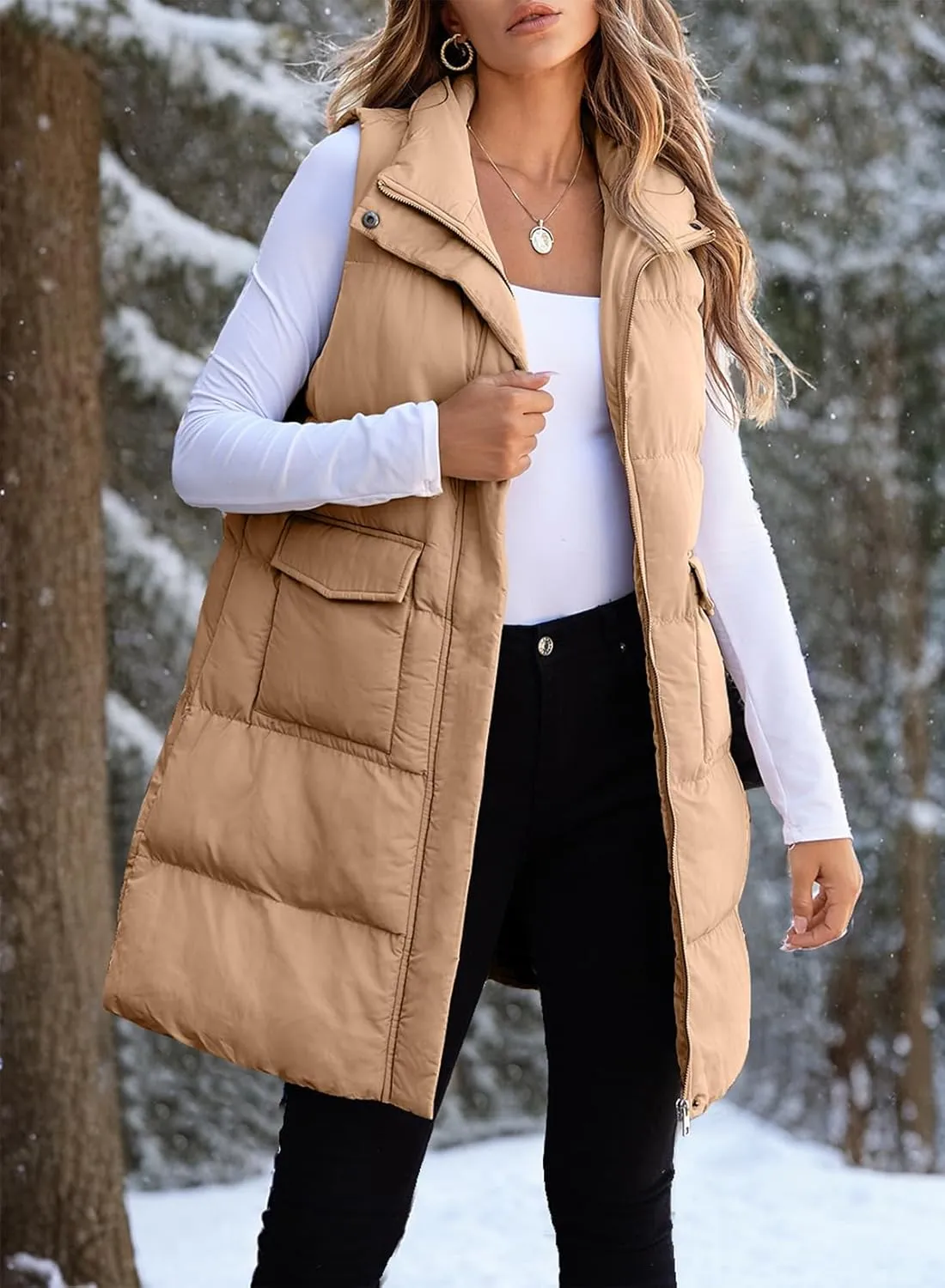 EVALESS Long Puffer Vest Women 2024 Zipper Sleeveless Quilted Vests with Pockets