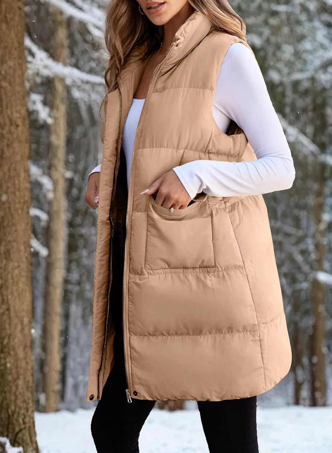EVALESS Long Puffer Vest Women 2024 Zipper Sleeveless Quilted Vests with Pockets