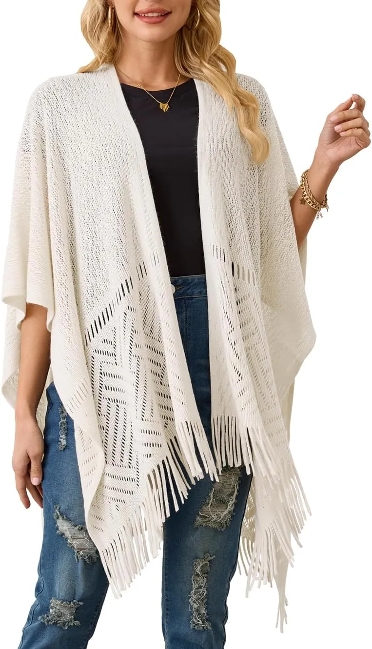Ferand Women's Lightweight Crochet Shawl Wraps Open Front Knit Fringe Poncho for Spring Summer