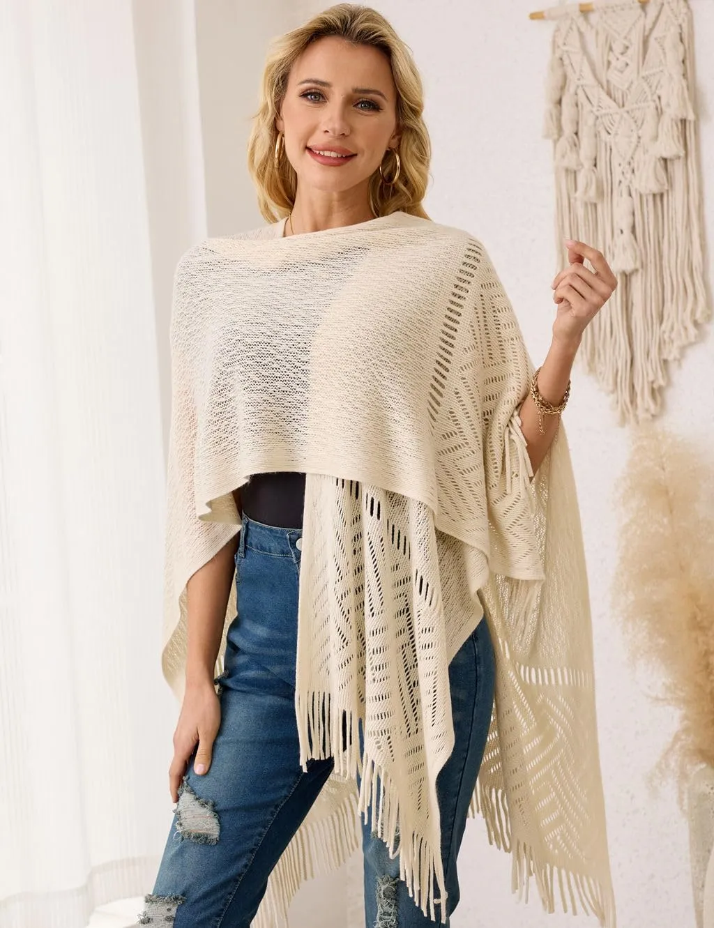 Ferand Women's Lightweight Crochet Shawl Wraps Open Front Knit Fringe Poncho for Spring Summer