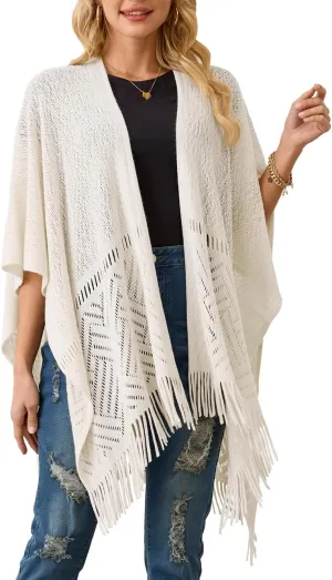 Ferand Women's Lightweight Crochet Shawl Wraps Open Front Knit Fringe Poncho for Spring Summer