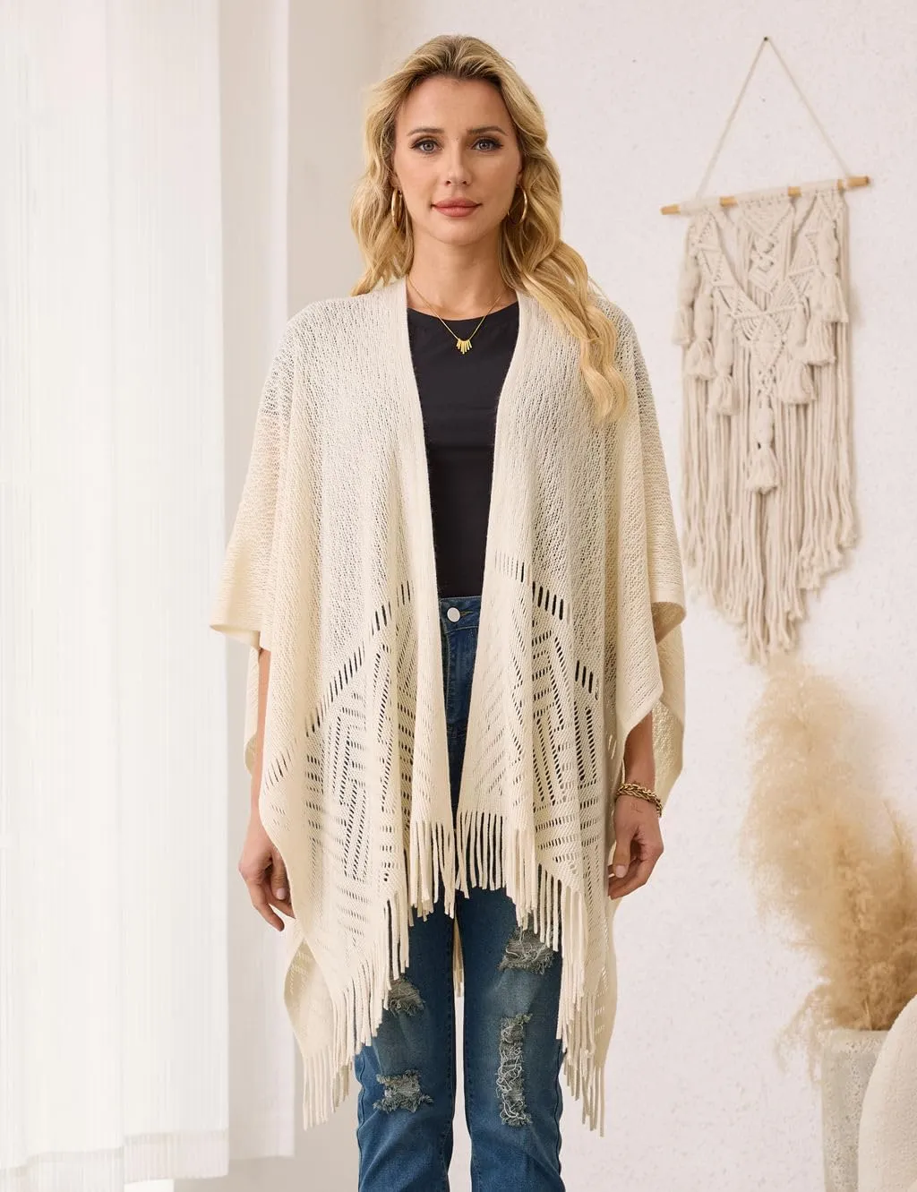 Ferand Women's Lightweight Crochet Shawl Wraps Open Front Knit Fringe Poncho for Spring Summer