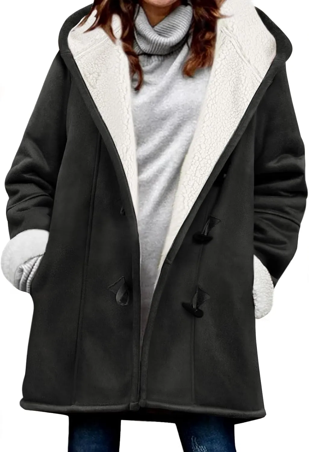 HEEKPEK Women Hoodies Fleece Jackets Soft Fuzzy Long Hoodie Sweatshirt Casual Sherpa Hoodies Horn Button Coats Winter