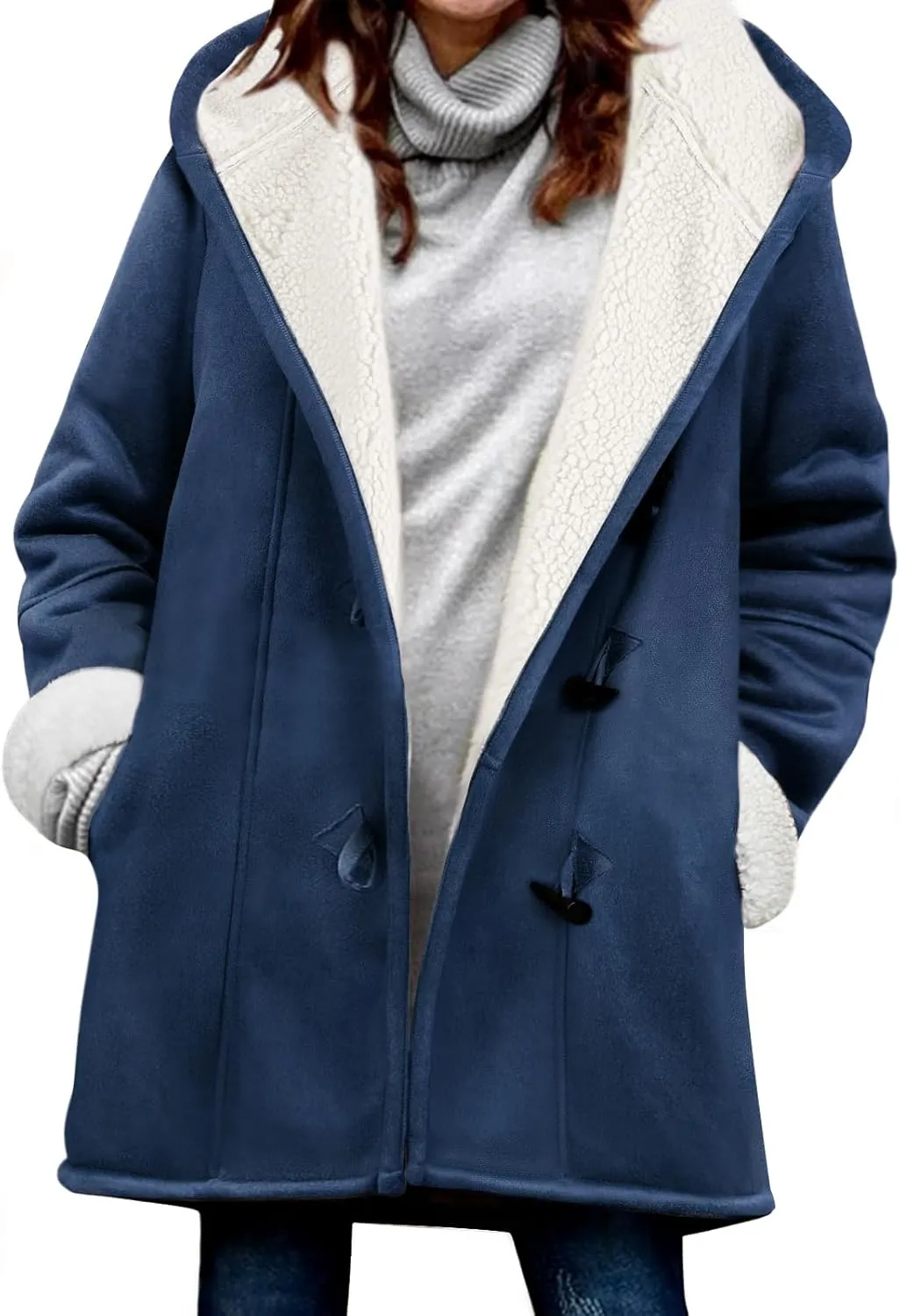 HEEKPEK Women Hoodies Fleece Jackets Soft Fuzzy Long Hoodie Sweatshirt Casual Sherpa Hoodies Horn Button Coats Winter