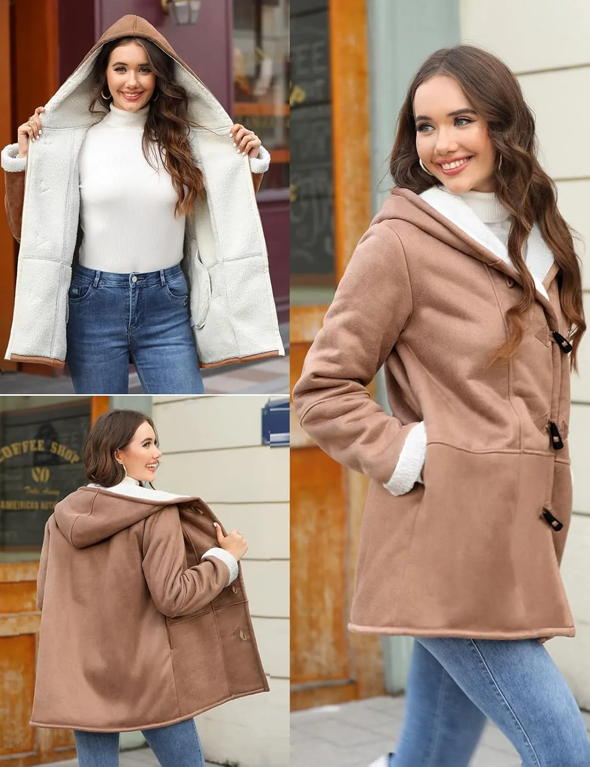 HEEKPEK Women Hoodies Fleece Jackets Soft Fuzzy Long Hoodie Sweatshirt Casual Sherpa Hoodies Horn Button Coats Winter