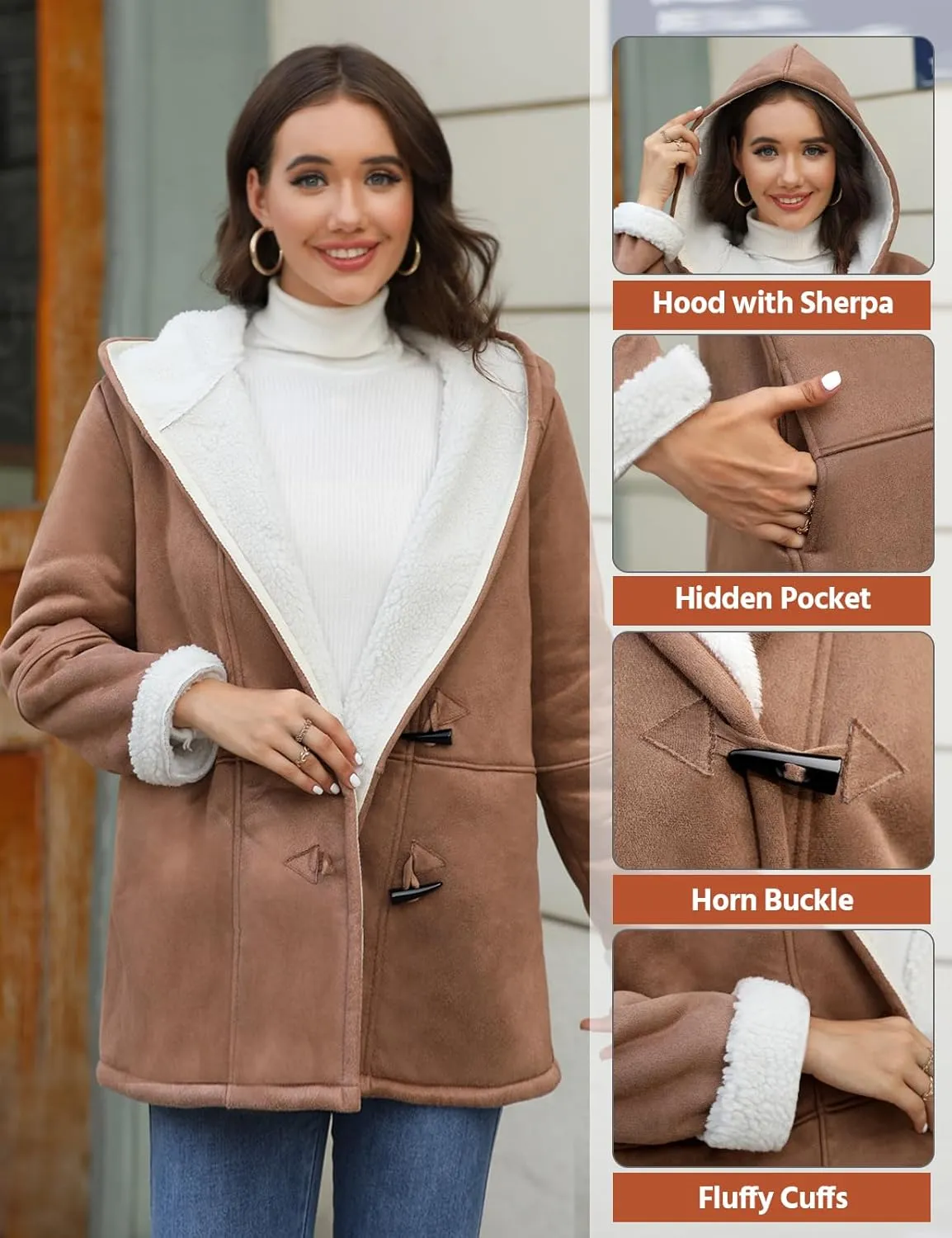 HEEKPEK Women Hoodies Fleece Jackets Soft Fuzzy Long Hoodie Sweatshirt Casual Sherpa Hoodies Horn Button Coats Winter