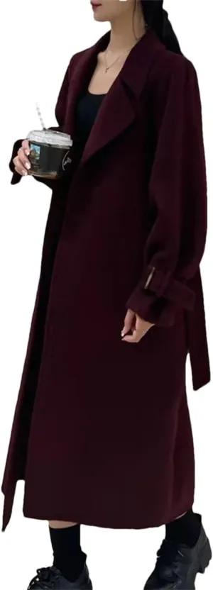 Hollow Out Spliced Sashes TrenchCoat For Women Notched Collar Long Sleeve Loose Oversized OverCoat