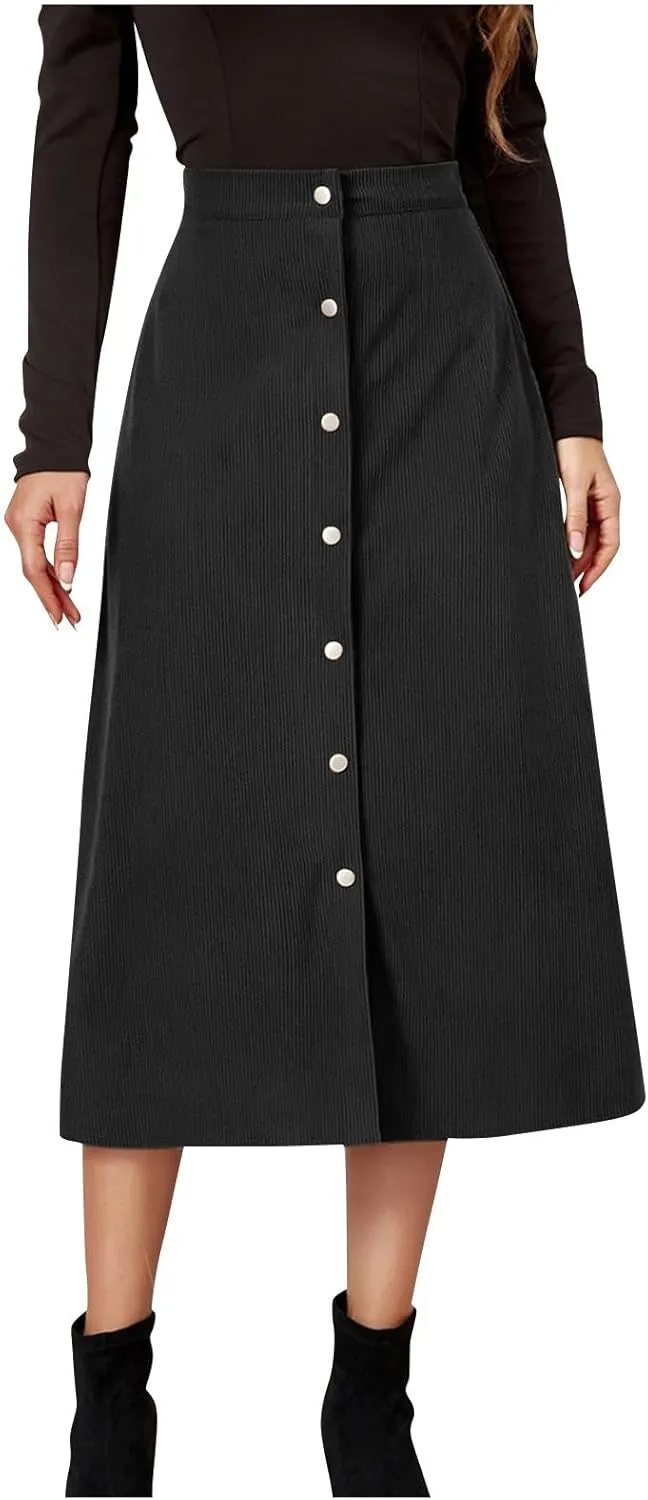 Midi Skirts for Women Trendy Corduroy Skirt Button Down High Waisted Skirts Business Casual A Line Skirt