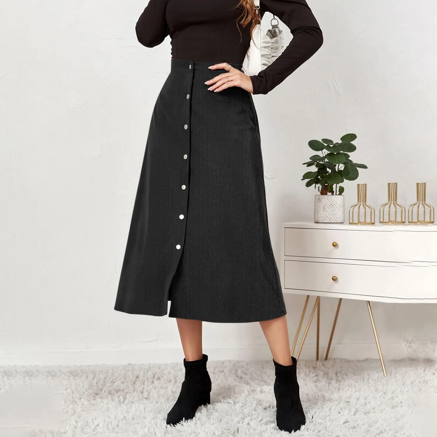 Midi Skirts for Women Trendy Corduroy Skirt Button Down High Waisted Skirts Business Casual A Line Skirt