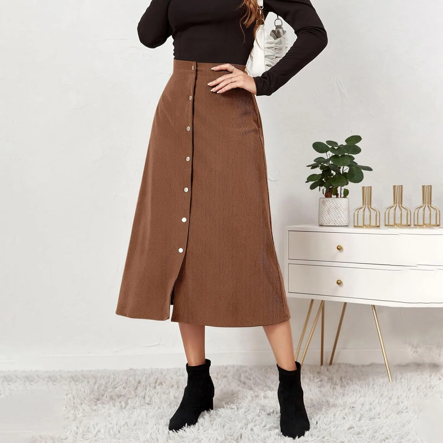 Midi Skirts for Women Trendy Corduroy Skirt Button Down High Waisted Skirts Business Casual A Line Skirt