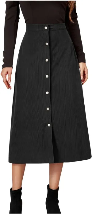 Midi Skirts for Women Trendy Corduroy Skirt Button Down High Waisted Skirts Business Casual A Line Skirt