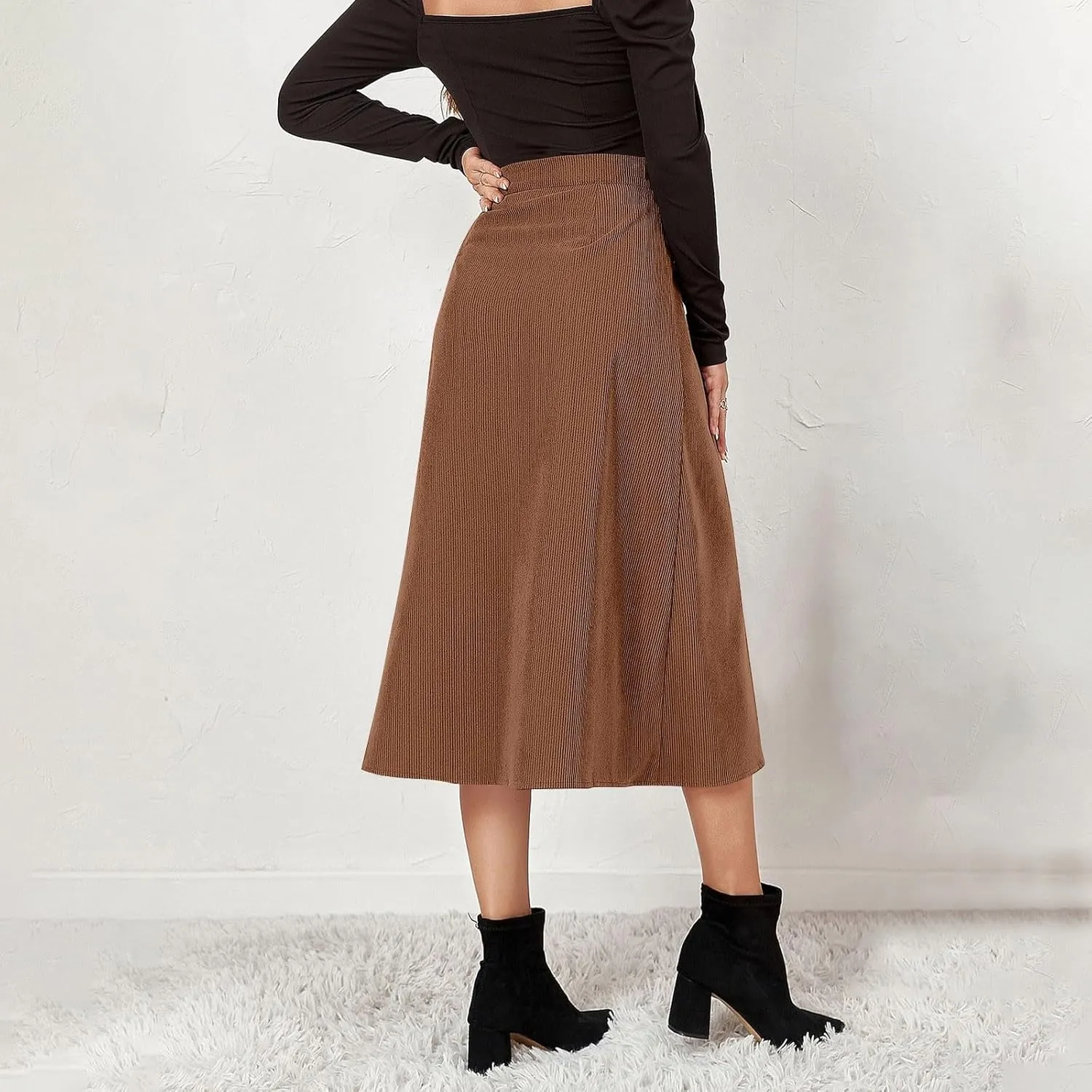 Midi Skirts for Women Trendy Corduroy Skirt Button Down High Waisted Skirts Business Casual A Line Skirt