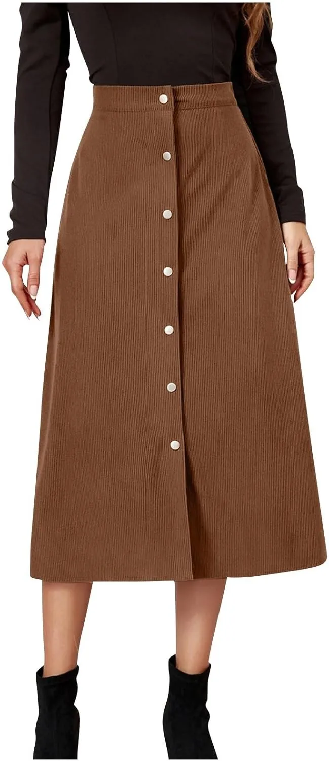 Midi Skirts for Women Trendy Corduroy Skirt Button Down High Waisted Skirts Business Casual A Line Skirt