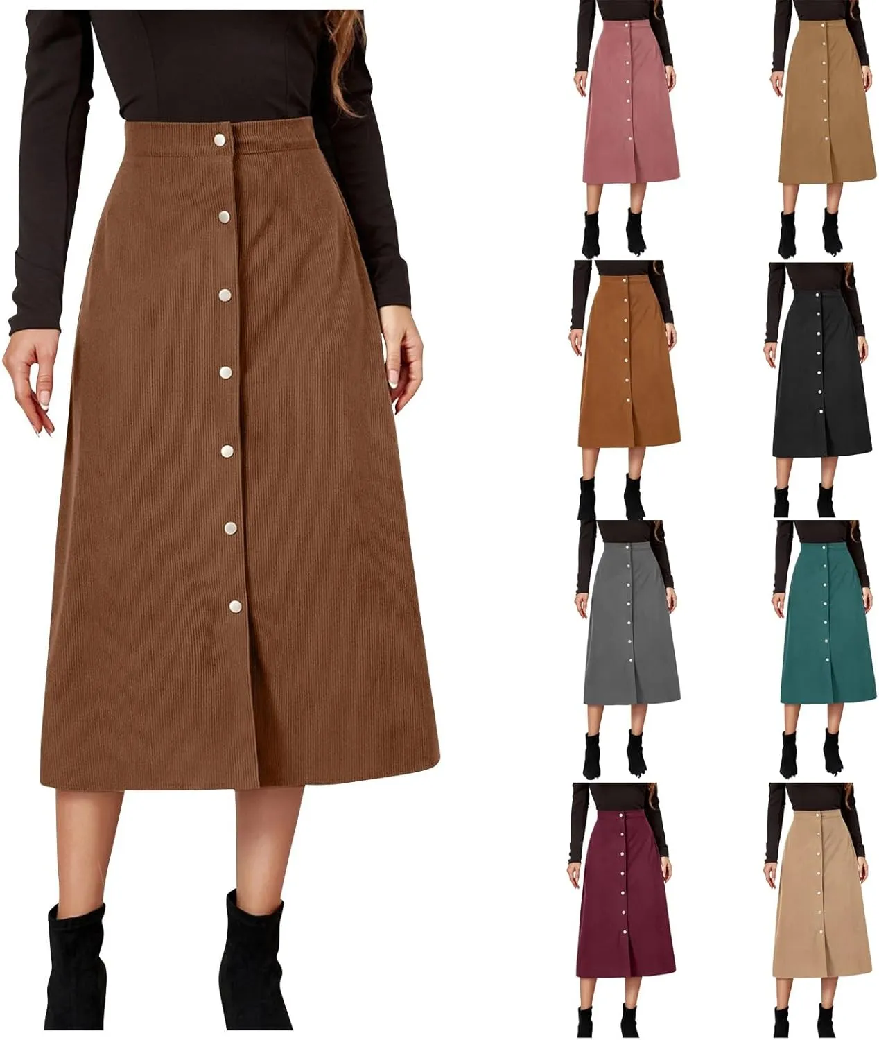 Midi Skirts for Women Trendy Corduroy Skirt Button Down High Waisted Skirts Business Casual A Line Skirt