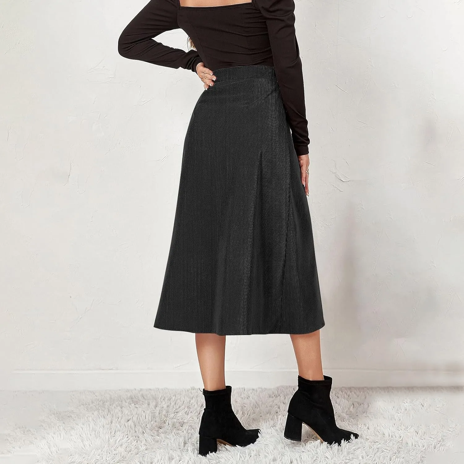 Midi Skirts for Women Trendy Corduroy Skirt Button Down High Waisted Skirts Business Casual A Line Skirt
