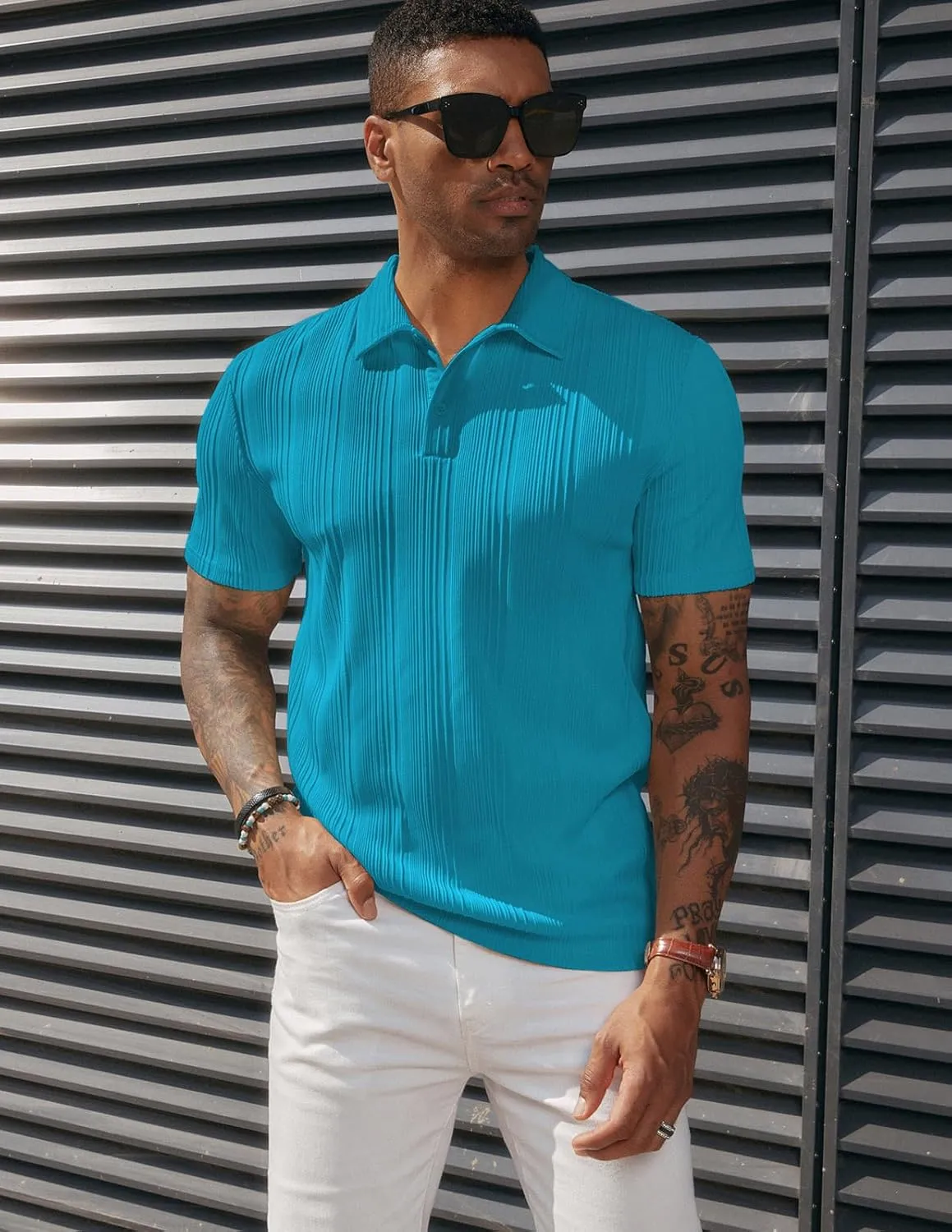 PJ PAUL JONES Mens Textured Knit Polo Shirts Regular Fit Stretchy Golf Shirts