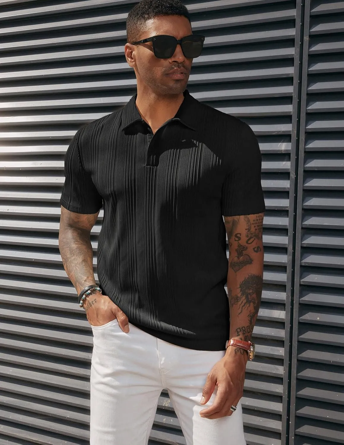 PJ PAUL JONES Mens Textured Knit Polo Shirts Regular Fit Stretchy Golf Shirts