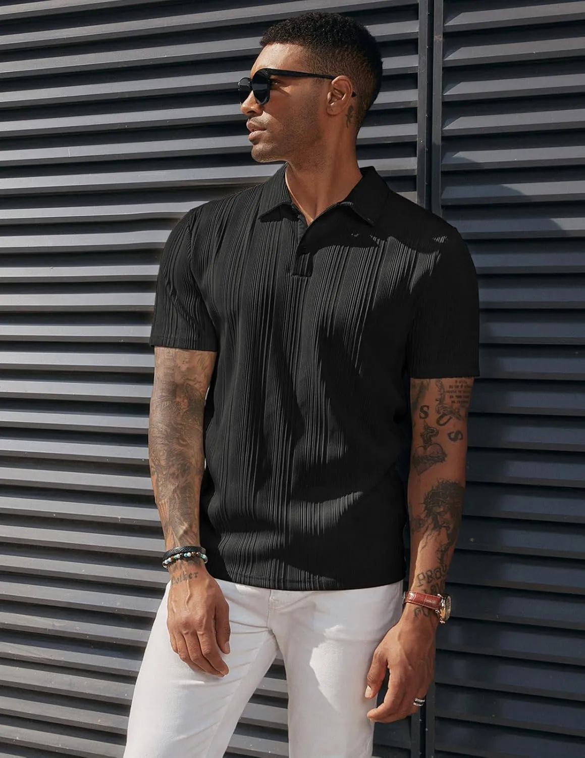 PJ PAUL JONES Mens Textured Knit Polo Shirts Regular Fit Stretchy Golf Shirts