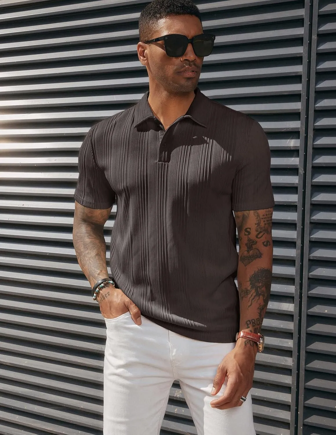 PJ PAUL JONES Mens Textured Knit Polo Shirts Regular Fit Stretchy Golf Shirts