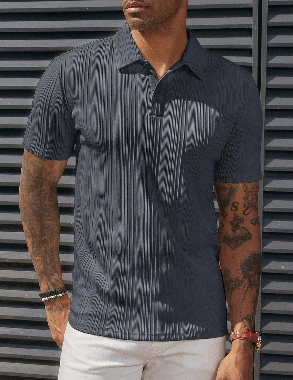 PJ PAUL JONES Mens Textured Knit Polo Shirts Regular Fit Stretchy Golf Shirts