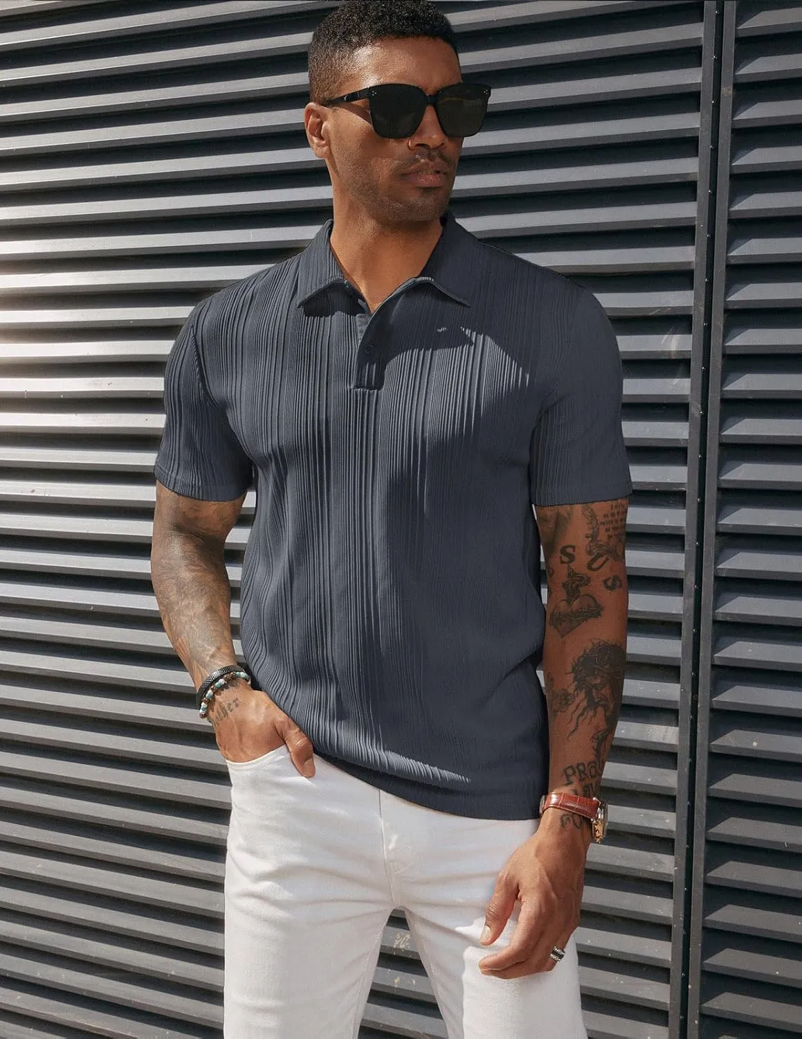 PJ PAUL JONES Mens Textured Knit Polo Shirts Regular Fit Stretchy Golf Shirts