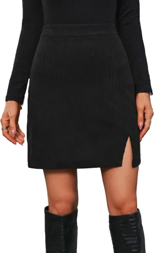 Women's Corduroy Split Hem Mini Skirt High Waist Bodycon Pencil Skirt