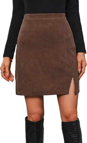 Women's Corduroy Split Hem Mini Skirt High Waist Bodycon Pencil Skirt