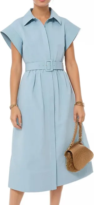 Womens Turn Down Collar Shirt Dress Short Wing Sleeve Button Down Dress Trench Coat Formal Elegant Dress With Belt(Lightblue-M)